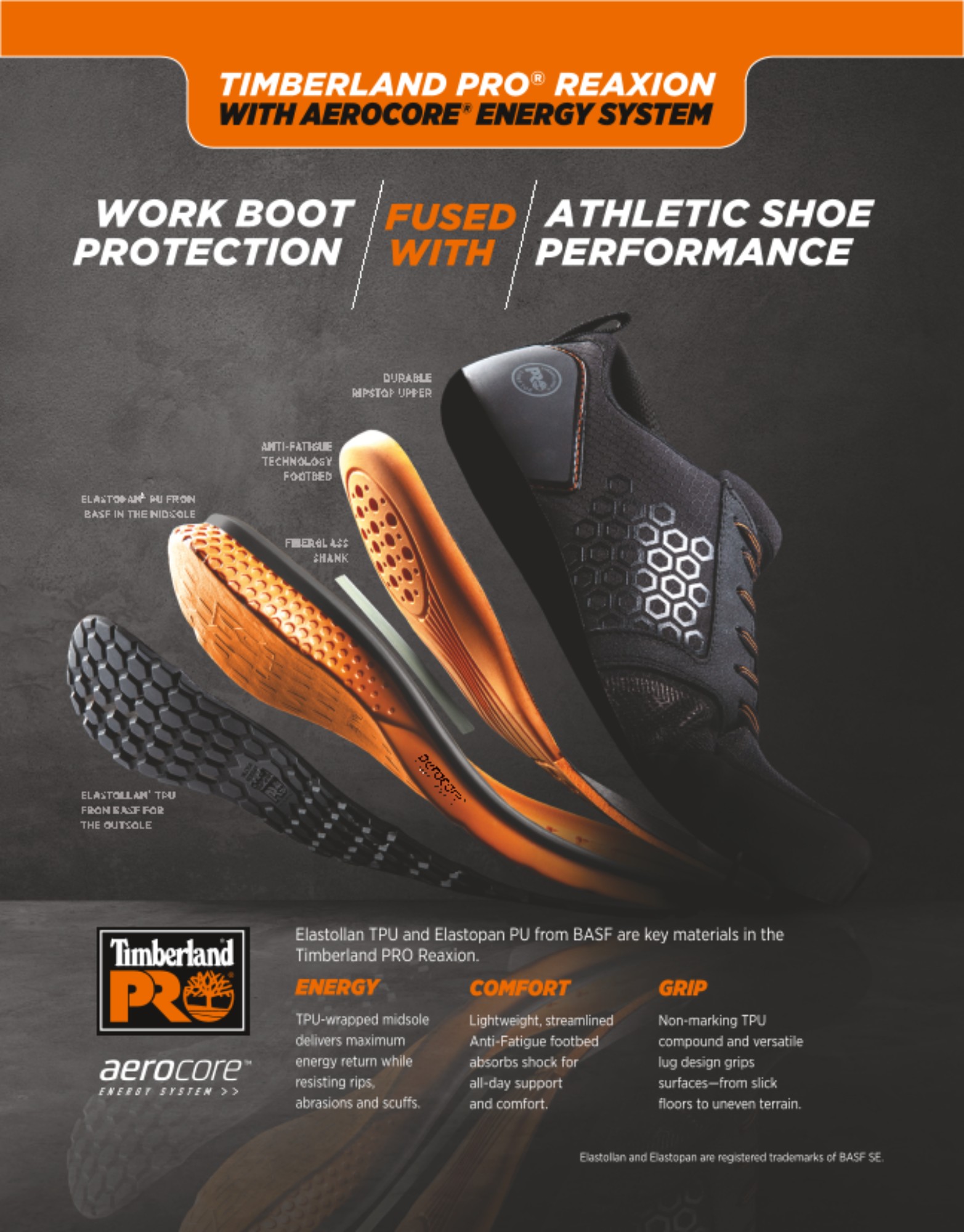 BASF polyurethane powers new Aerocore Energy System in the Timberland PRO Reaxion safety shoe